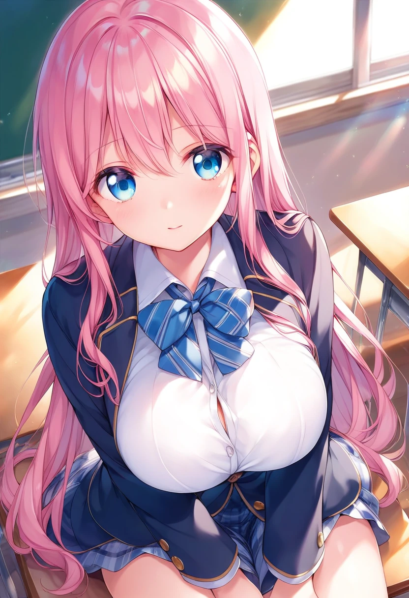 凛としたbeautiful girl、Pink Hair、Super Long、Blue Eyes、Slightly larger breasts、classroom、Gentle expression、beautiful girl、Wearing a blazer uniform、Cute high school girl