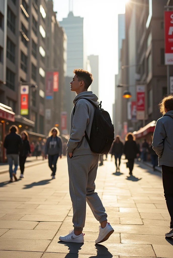 back view of a young man walking backwards wearing gray sweatpants with pockets and white sneakers walking through the city