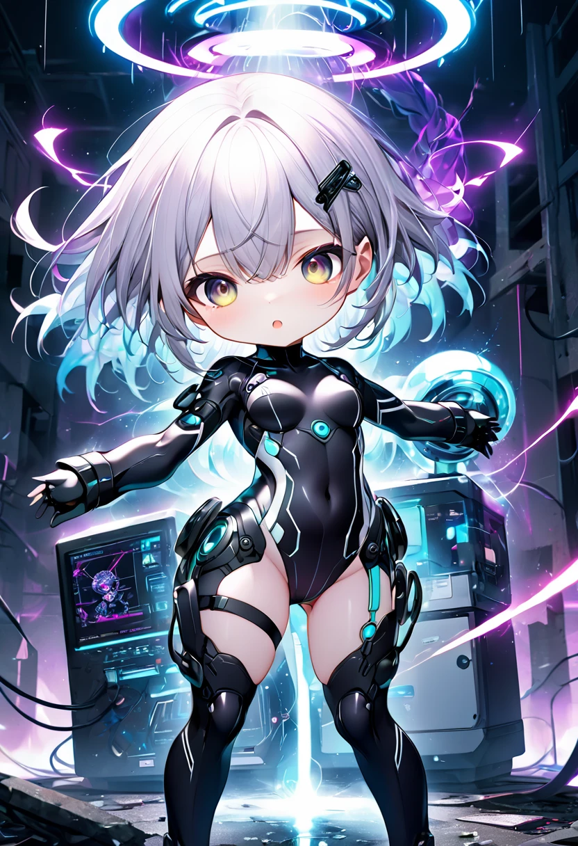 cute anime chibi characters, motivated and energetic poses, (attractive and seductive) and (amorous and lewd) expression, great body proportion, wearing cyber machine suit with neon lines, background tornado, iridescent lightning, ruins, analyzer, lab, conceptual installation art, (ultra detailed, absolutely resolution, best quality:1.3), 2.5D, delicate and dynamic effects, artistic, hyper, graphic CG digital art