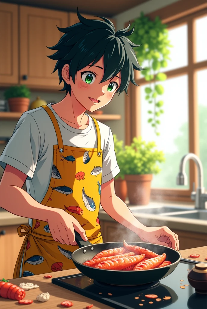 A man wears an apron anime. cooking fish In a frying pan 