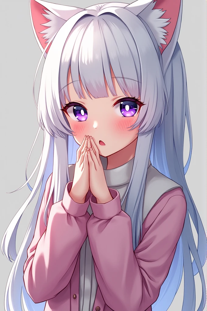 Young girl with white hair and anime cat ears dressed in cinamonroll clothes with celestial eyes and long hair 