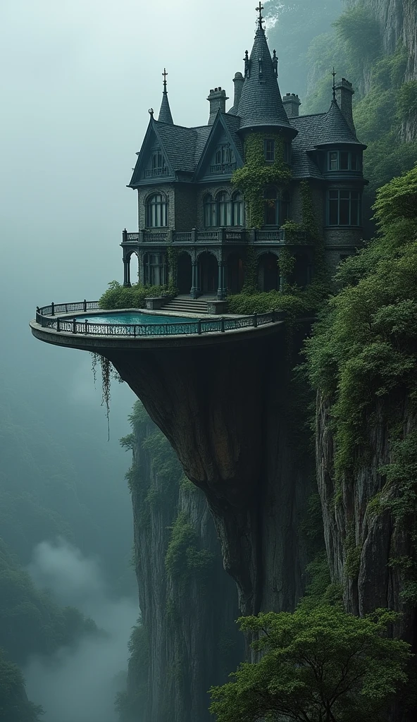 A dramatically perched Victorian mansion clings to a precipitous cliff, its black façade stark against the rugged backdrop. A circular pool extends out over the sheer drop into the abyss below, adding an air of daring luxury. This striking image, likely a hyper-realistic painting, boasts exquisite details: ornate wrought-iron accents, ivy creeping up weathered stone walls, and mist-shrouded jungle foliage in the distance. The composition exudes a sense of eerie beauty, showcasing the delicate balance between opulence and peril.