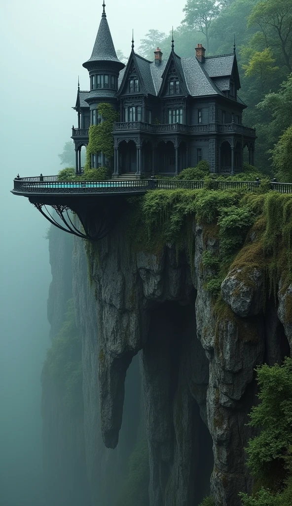 A dramatically perched Victorian mansion clings to a precipitous cliff, its black façade stark against the rugged backdrop. A circular pool extends out over the sheer drop into the abyss below, adding an air of daring luxury. This striking image, likely a hyper-realistic painting, boasts exquisite details: ornate wrought-iron accents, ivy creeping up weathered stone walls, and mist-shrouded jungle foliage in the distance. The composition exudes a sense of eerie beauty, showcasing the delicate balance between opulence and peril.