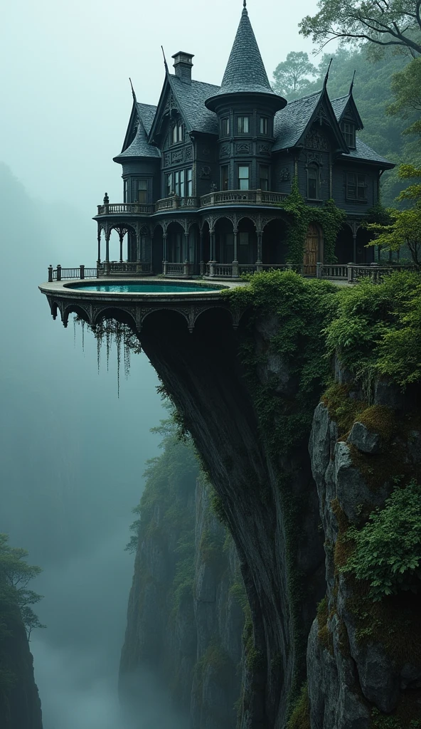 A dramatically perched Victorian mansion clings to a precipitous cliff, its black façade stark against the rugged backdrop. A circular pool extends out over the sheer drop into the abyss below, adding an air of daring luxury. This striking image, likely a hyper-realistic painting, boasts exquisite details: ornate wrought-iron accents, ivy creeping up weathered stone walls, and mist-shrouded jungle foliage in the distance. The composition exudes a sense of eerie beauty, showcasing the delicate balance between opulence and peril.