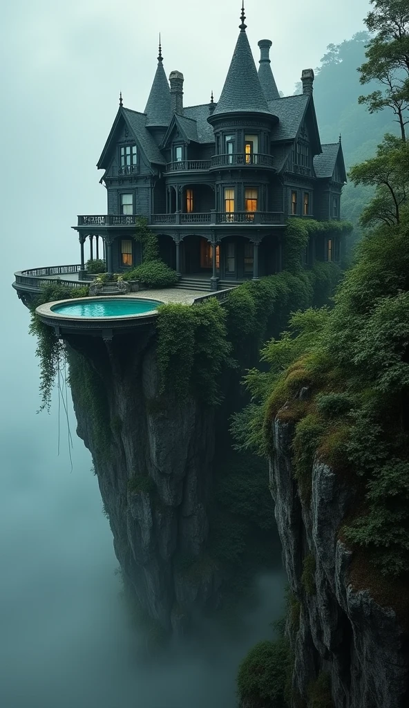 A dramatically perched Victorian mansion clings to a precipitous cliff, its black façade stark against the rugged backdrop. A circular pool extends out over the sheer drop into the abyss below, adding an air of daring luxury. This striking image, likely a hyper-realistic painting, boasts exquisite details: ornate wrought-iron accents, ivy creeping up weathered stone walls, and mist-shrouded jungle foliage in the distance. The composition exudes a sense of eerie beauty, showcasing the delicate balance between opulence and peril.