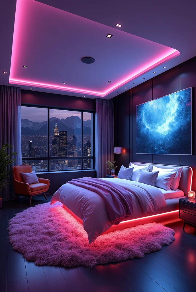 Please design me a very luxurious bedroom for my girl., modern and fully equipped. Futuristic design with mysterious colors