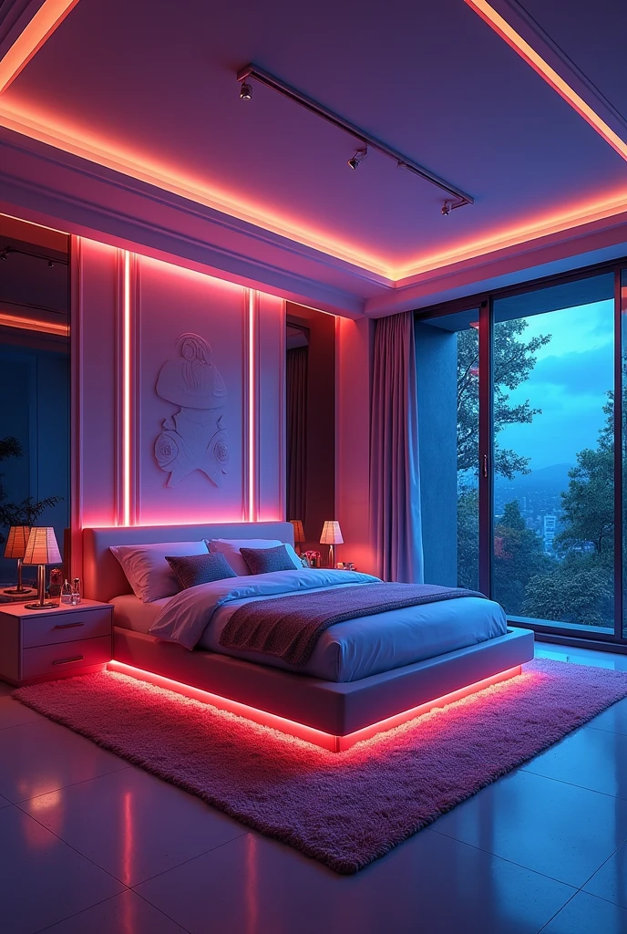 Please design me a very luxurious bedroom for my girl., modern and fully equipped. Futuristic design with mysterious colors