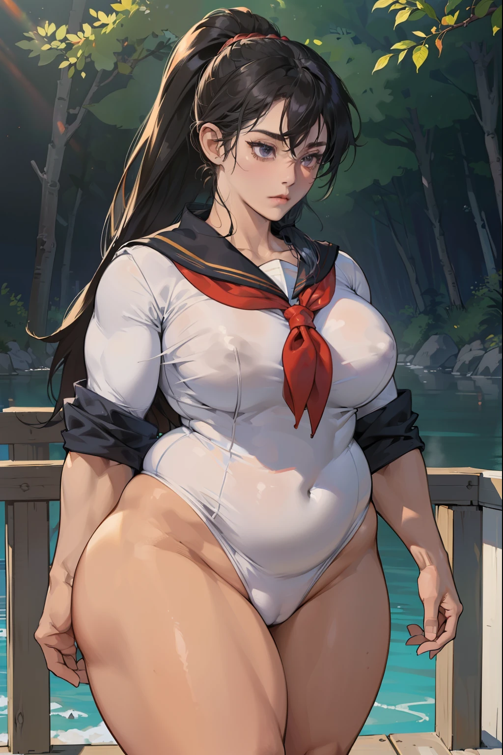(((((A person with dark skin, Muscular))))), ((thick thighs, 非常にLarge Breasts,、Strong Body、), Black long hair, alone, Glowing Skin, it was foggy, ,Bridge pier, Bristles,Are standing、Big body women、naked,Strong Body、pubic hair,Muscular in the forest,Composition from the front,Muscular and wide hips,Muscular and wide torso,Muscularの, Widebody,thick, Muscularの腕,thick, Muscularの脚,Muscular and broad shoulders,bodybuilder,nakedの美しい女性,Large Breasts,long, saggy breasts,,Deep purple eyes,Woman with beautiful face,Expressionless,,,Strong Woman,Right in front of the viewer,,Muscular女性,Big body and broad shoulders,thick Women,naked,sexy,Stand in front,全naked,正面にAre standing女性,真っ直ぐにAre standing,Fleshy ladies,Plump woman,Chubby woman,Fat woman,Fleshy ladies,,cave,ponytail,Small size sailor suit woman,School girl in uniform