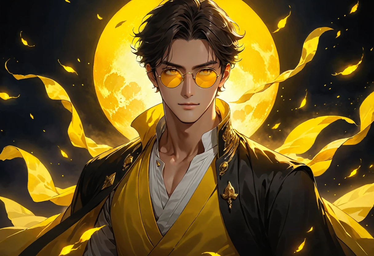 Masterpiece, character, male, round yellow sunglasses, eyes in the background, darkness, magical glow, amazing effects, waist-high image