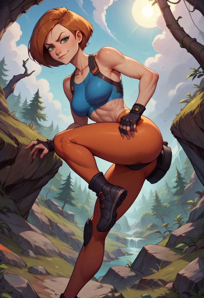 score_9, score_8_up, score_7_up, score_6_up, BREAK Ann possible, wearing climbing gear, big breasts, evil smirk, sweating, in a rocky forest area, looking at viewer, short hair, dark clouds