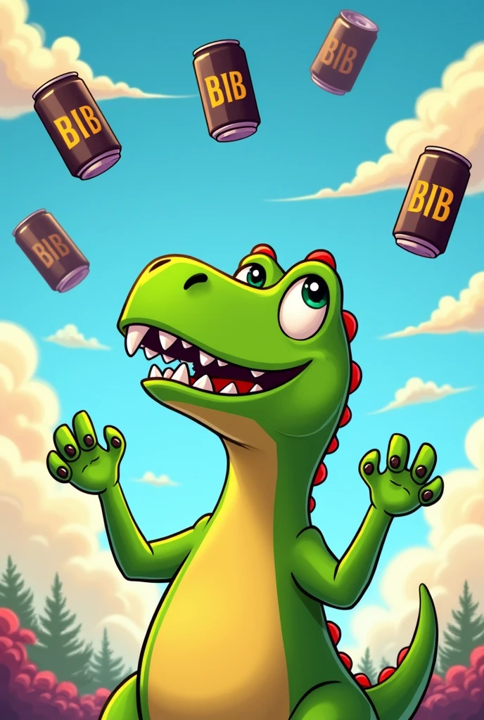 T-rey vert, cartoon, qui leve la tete au ciel, arriere plan, yeux vert et pupille noir, des canettes noirs avec ecris BDB tombe dessus, joie, les pattes sont en l’air pour receptionner les canettes