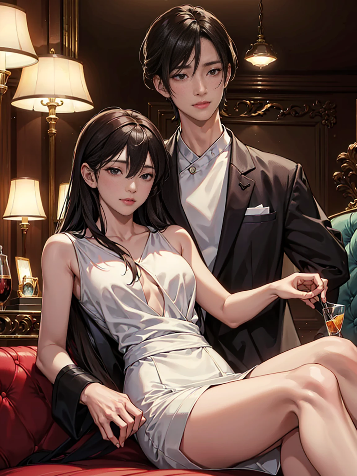 "(nsfw), In an exclusive lounge, dimly lit with soft jazz playing, a man name Masaki Tanaka, age 58, a well-respected business tycoon, in a tête-à-tête with a beautiful hostess, age 22, plush velvet upholstery and mahogany setting, in a photorealistic image, cinematic style, Masaki in a perfectly tailored suit, relaxed yet commanding posture, arm around the hostess's slender waist, sharp eyes reflecting golden light, sharing a private joke, hostess in a figure-hugging dress, leaning into Masaki, atmosphere electrifying with charisma, clink of glasses, shared laughter, mutual attraction, intimate yet public setting, 50mm lens, warm and intimate lighting, high resolution 8K, capturing the essence of sophisticated flirtation and elite lifestyle (cinematic style:1.4), (sophisticated flirtation:1.3), (elite lifestyle:1.2)"