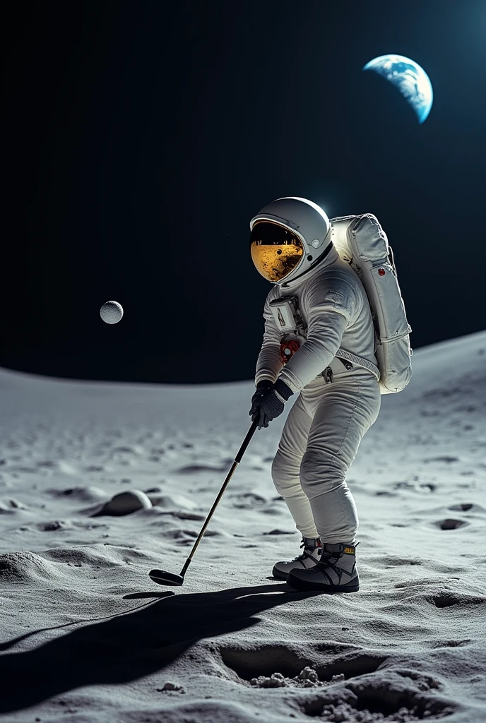 An astronaut in the act of hitting a golf ball, with the ball floating slowly in the reduced gravity of the Moon, about to disappear into the distance.