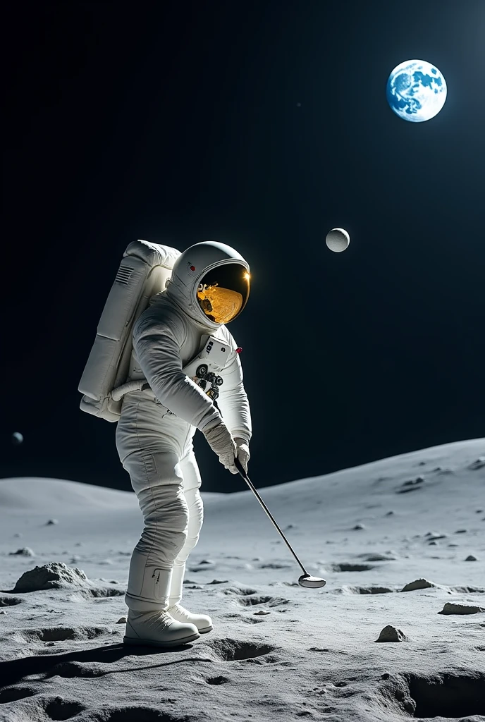An astronaut in the act of hitting a golf ball, with the ball floating slowly in the reduced gravity of the Moon, about to disappear into the distance.