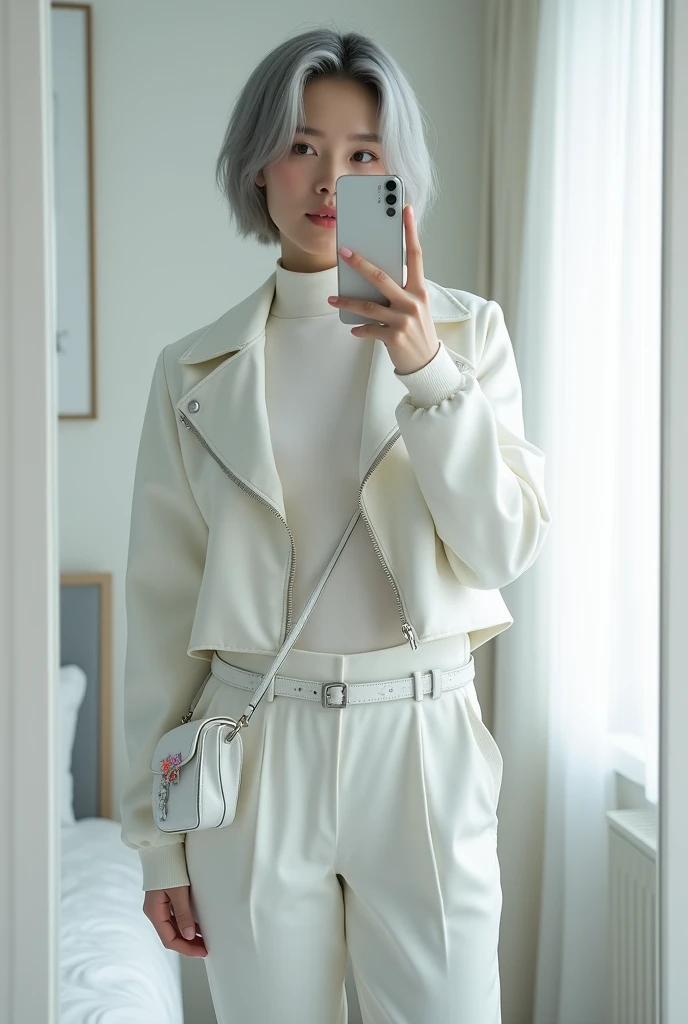 highly detailed, beautiful, hyper Realistic girl, masterpiece, best quality, Japanese sexy gravure woman, 28 years old, identity hidden, takes a selfie in her room using a smartphone in front of a mirror with one hand, fashion model Posing, looking away from the camera, /// gray short hair, light color eyes, Realistic skin, Detailed face, /// white-themed, futuristic-inspired casual fall outfit. The ensemble should feature a high-collared, white asymmetrical short jacket with metallic accents, paired with a sleek, form-fitting turtleneck in a soft white fabric. Combine this with high-waisted white joggers made from a lightweight, tech-inspired material. Footwear should include white, futuristic sneakers with transparent soles. Accessories might involve a slim, metallic belt and a minimalist white crossbody bag with holographic details. The overall look should blend modern functionality with futuristic elements, offering a fresh, forward-thinking take on autumn fashion, /// Monotone simple modern taste single room, mirror, complicated background