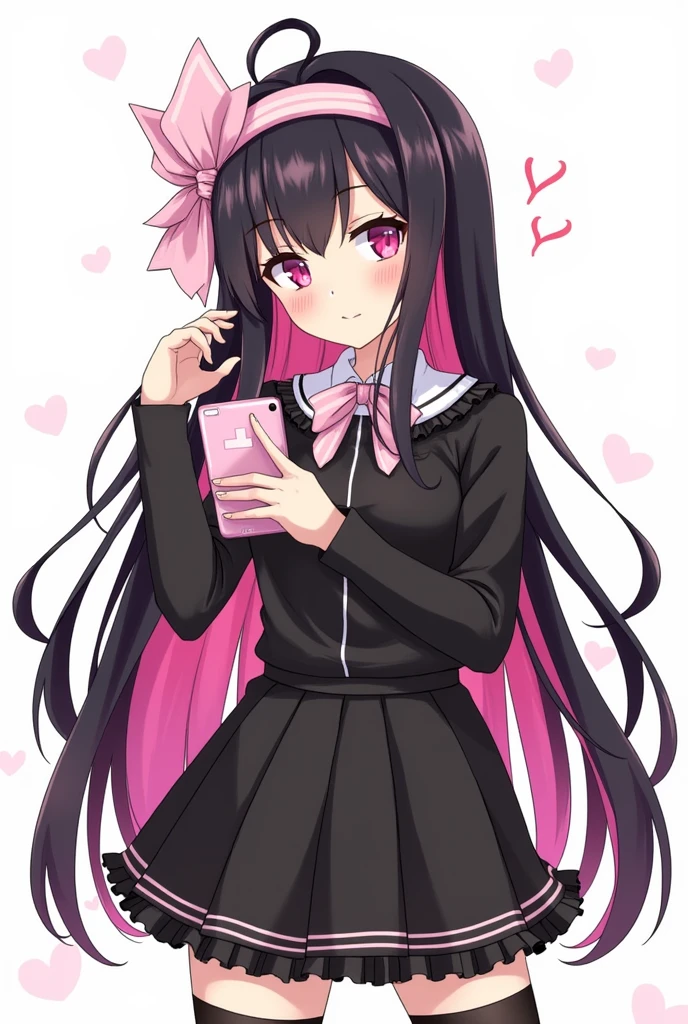 One person, Black Hair,Pink inner color,Long Hair, Gaze, Heavy bangs,Half pigtails Close your mouth, Pink eyes, Droopy eyes, Open your eyes, Take a closer look, Hearts in eyes, Simple Background, ribbon, Headband, ピンクのribbonヘアアクセサリー, earphone, Illustration, anime, anime風, skirt,Pale skin,黒色✨長袖,Frills,Mine system,smartphone,Looking down,No eyebrows,Red eyeshadow under the eyes