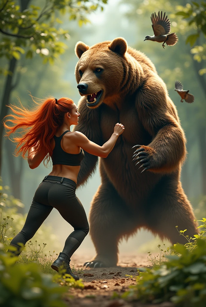 A busty sexy woman fighting a bear 