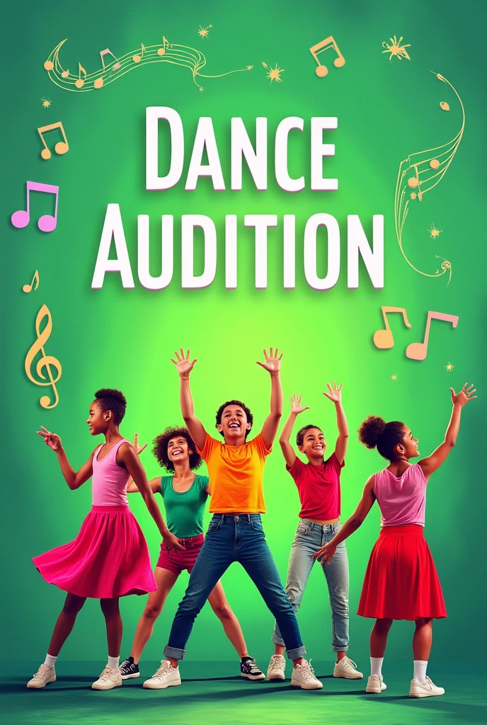 Create a tarpaulin for dance audition, in the background include hiphop, contemporary, retro, pop dancers, etc. green theme, rectangle layout, for school