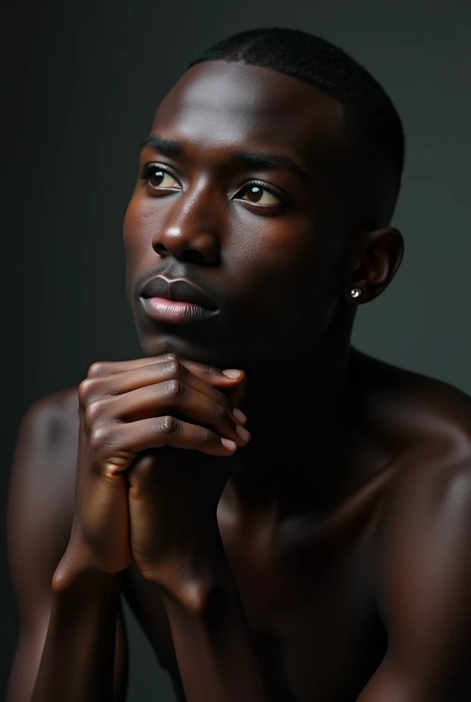 best qualityer:1.4), (ultra high resolution:1.2), (photorrealistic:1.4), (8k, CRU photo:1.2), a thin young man of 20 years old, skin black, with a smooth, beardless face, corte de cabelo buzzcut, is wearing a black sweatshirt. a black and white image of elegant and thoughtful in an intimate portrait. is resting his face on his hands, with fingers interlaced in front of the chin, conveying an expression of deep contemplation. Soft lighting enhances facial features and creates subtle shadows, while the background is minimalist, keeping the focus entirely on the central figure. skin black. corte de cabelo buzzcut
