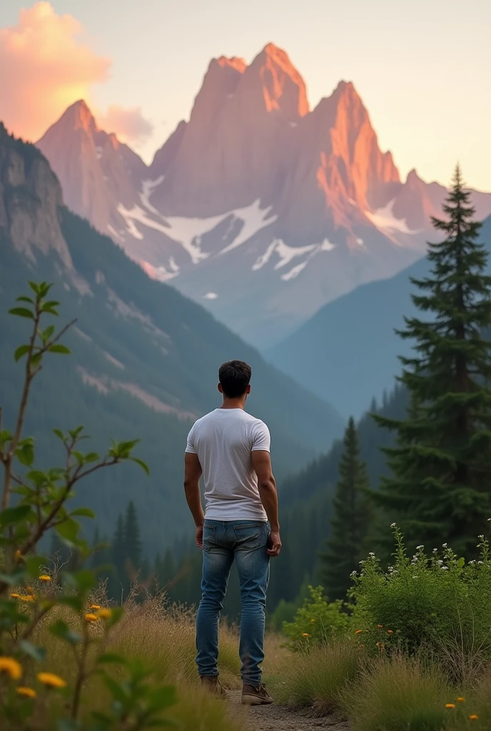 a brown skin man looking at the mountain 