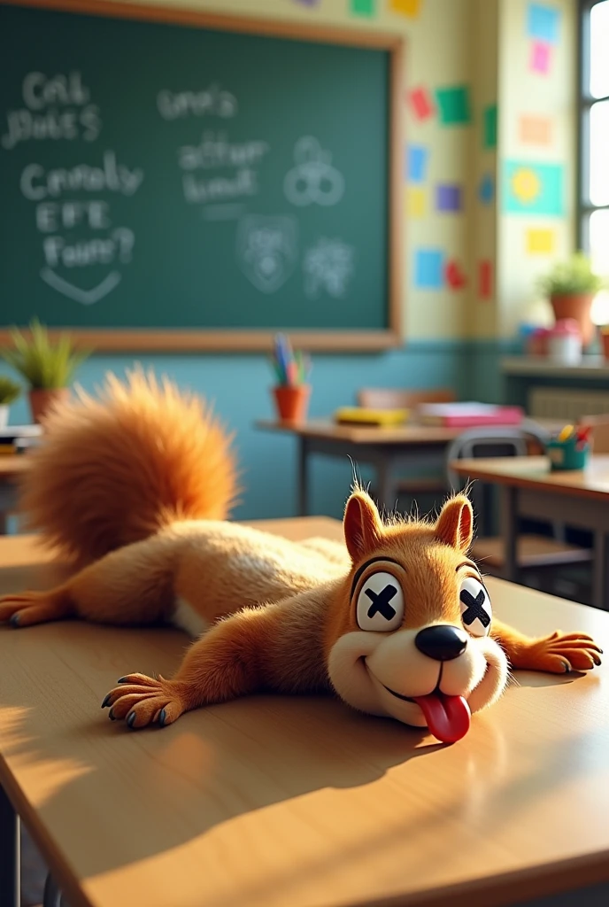1 Dead squirrel, cartoon style, classroom in the background, x as eyes, tongue out, lying flat on its back, hand and feet streched out