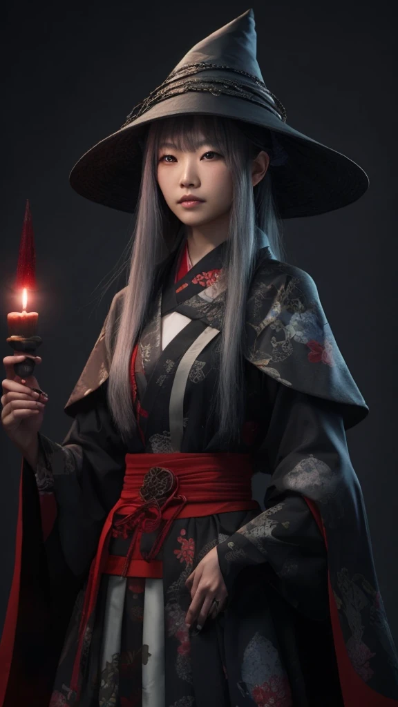 A Japanese witch with a pointy witch hat and a witch dress mixed with a kimono, she is in a cave with mushrooms with neon lights while little fairies are flying around the cave. 真实感. High definition.