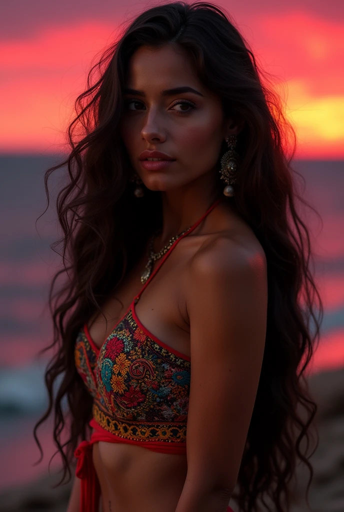 a sultry Indian woman with long wavy brown hair,beautiful face,attractive body shape,wearing a colorful intricate tribal inspired sexy outfit,feeling longing and separation,ultra-detailed,photorealistic,vivid colors,dramatic lighting,cinematic composition,masterpiece,