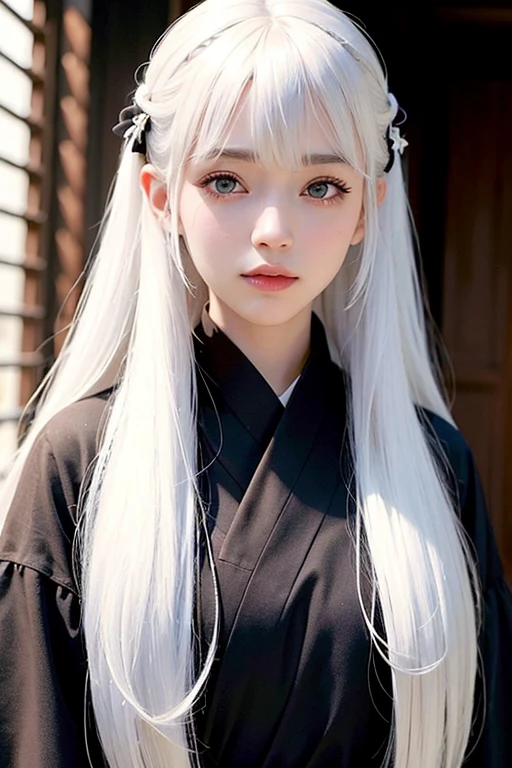 ((best quality)), ((masterpiece)), (detailed), Black kimono.white hair.test.female.long hair.Hime cut.pretty girl
