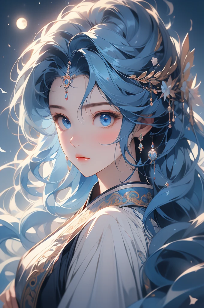 moon，A girl,Frontal image，moon使者,Moonlight Girl,moon的二次元形象,A touch of sadness,Holy and graceful,Sad emoticon,blue eyes,Flowing blue ancient robe,the long flowing blue hair,Exquisite hairstyle,magic,Ray Tracing,Exquisite facial features