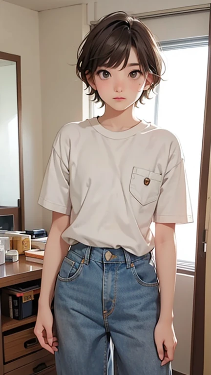 Highest quality、Realistic、、Japanese、zoom、man、Junior high and elementary school students、cute、、Bedroom、Grey Eyes、Light brown hair、Very Short Hair、White short sleeve shirt、Denim pants、thin、Cowboy Shot