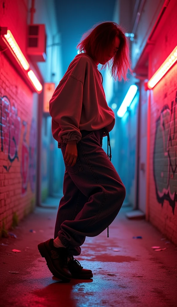 1990s , 1 asian female, 90s streetstyle hiphop fashion, baggy thick edgy loose clothing, Melbourne shuffle shuffling footwork , expressive pose, urban allyway environment, neon lights, cinematic lighting,, extremely detailed, photorealistic, 8k, film grain, dynamic composition, high quality, masterpiece