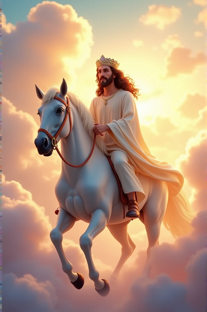 Jesus riding a white long sleeve horse in the heavens wearing a crown high quality image and pixar type character