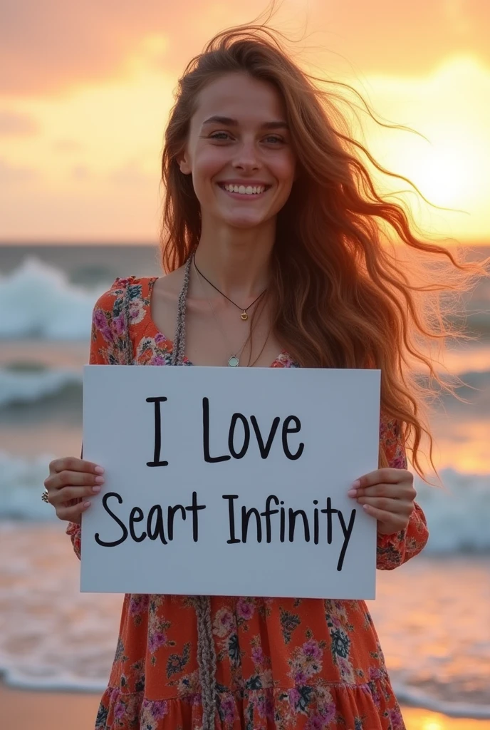 Beautiful girl with wavy long hair, bohemian dress, holding a white board with text "I Love Seaart Infinity" and showing it to the viewer