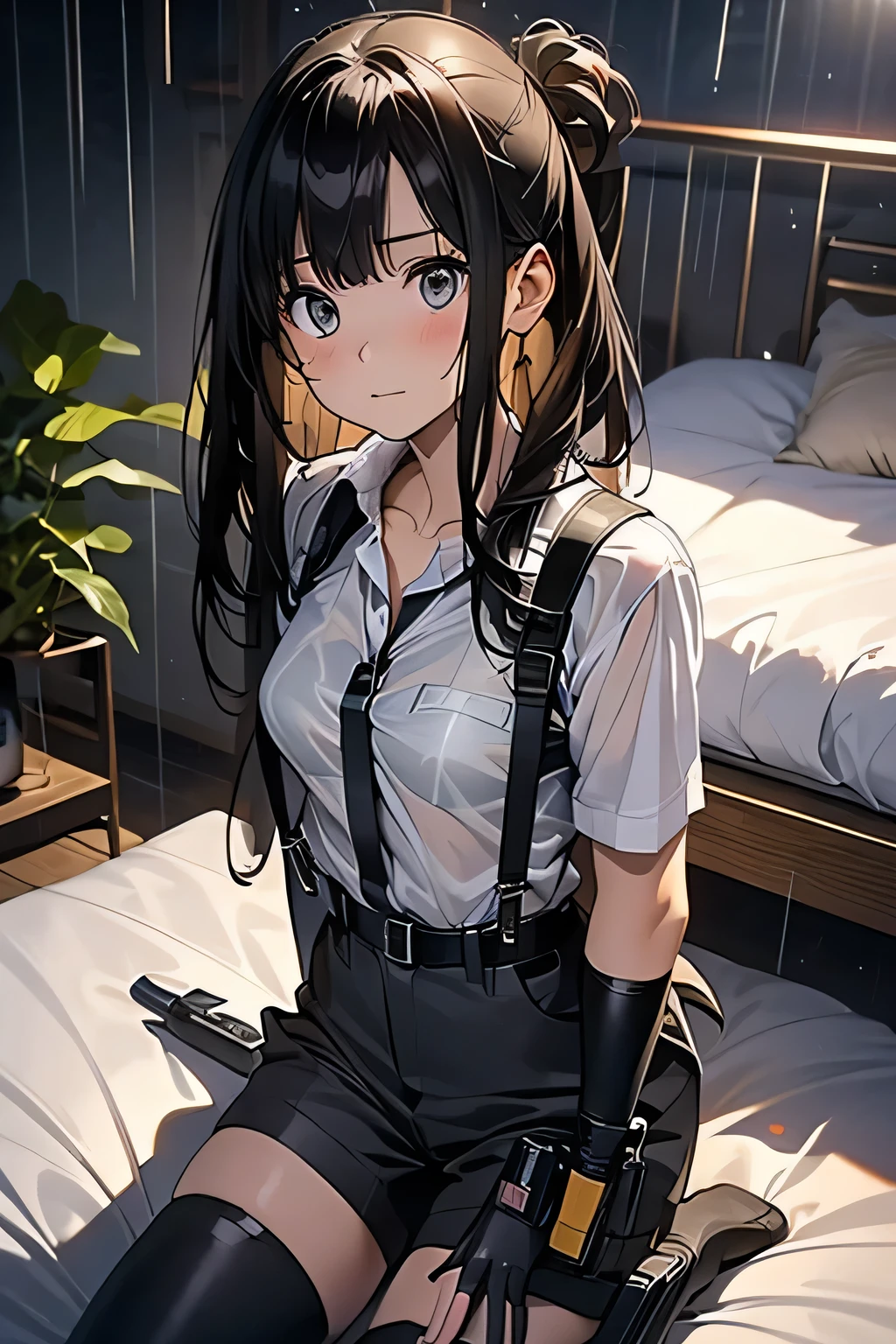 1 female, , high quality, masterpiece, Ultra-high resolution, , Cinema Lighting, , , And the suspenders with the cranes flying Large Breasts Small face holster Lying in bed Looking up Sweat belt summer 脇Sweat Black Hole Gloves suit shirt Black jacket Black trousers Leg Links ズボンにbelt holster Hands behind your back Anxious expression Looking up Anxious face, legs apart Armament Cable ties レッグholster holster See-through clothing heavy rain Getting wet in the rain