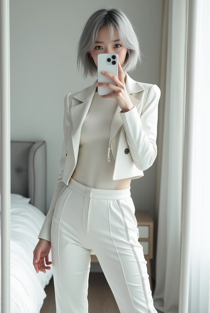 highly detailed, beautiful, hyper Realistic girl, masterpiece, best quality, Japanese sexy gravure woman, 28 years old, identity hidden, takes a selfie in her room using a smartphone in front of a mirror with one hand, fashion model Posing, looking away from the camera, /// gray short hair, light color eyes, Realistic skin, Detailed face, /// white-themed, futuristic-inspired casual fall outfit. The ensemble should feature a high-collared, white asymmetrical short jacket with metallic accents, paired with a sleek, form-fitting turtleneck in a soft white fabric. Combine this with high-waisted white joggers made from a lightweight, tech-inspired material. Footwear should include white, futuristic sneakers with transparent soles. Accessories might involve a slim, metallic belt and a minimalist white crossbody bag with holographic details. The overall look should blend modern functionality with futuristic elements, offering a fresh, forward-thinking take on autumn fashion, /// Monotone simple modern taste single room, mirror, complicated background