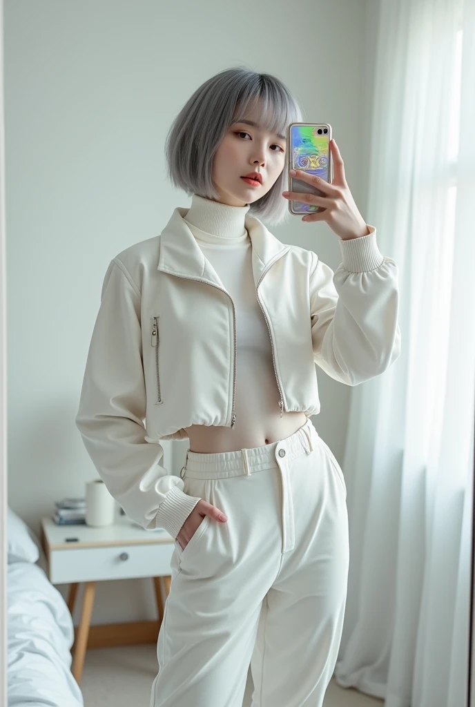 highly detailed, beautiful, hyper Realistic girl, masterpiece, best quality, Japanese sexy gravure woman, 28 years old, identity hidden, takes a selfie in her room using a smartphone in front of a mirror with one hand, fashion model Posing, looking away from the camera, /// gray short hair, light color eyes, Realistic skin, Detailed face, /// white-themed, futuristic-inspired casual fall outfit. The ensemble should feature a high-collared, white asymmetrical short jacket with metallic accents, paired with a sleek, form-fitting turtleneck in a soft white fabric. Combine this with high-waisted white joggers made from a lightweight, tech-inspired material. Footwear should include white, futuristic sneakers with transparent soles. Accessories might involve a slim, metallic belt and a minimalist white crossbody bag with holographic details. The overall look should blend modern functionality with futuristic elements, offering a fresh, forward-thinking take on autumn fashion, /// Monotone simple modern taste single room, mirror, complicated background