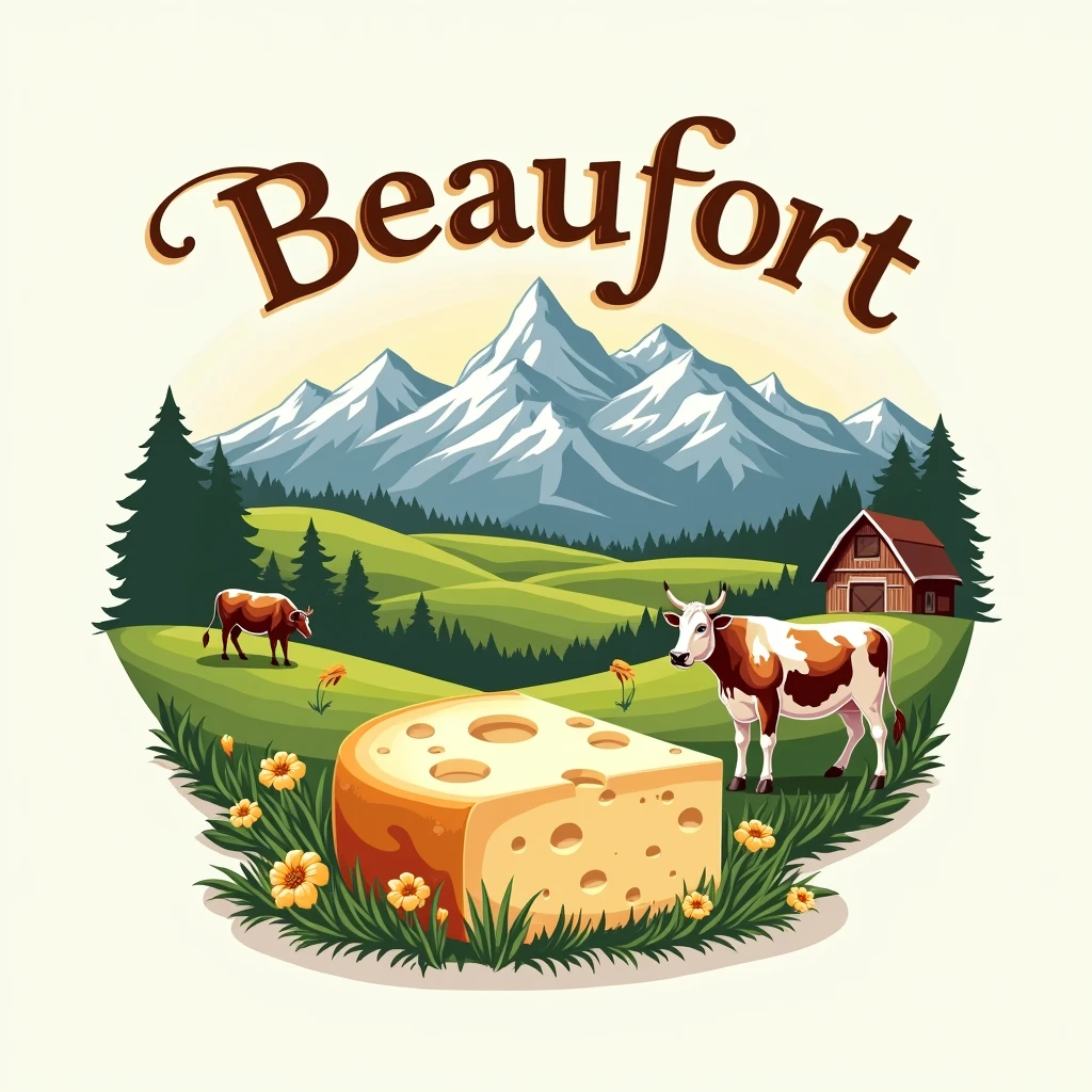 Create a logo for a company specializing in the sale of Beaufort cheese from Savoie. The logo should capture the essence of the Alpine region, with elements such as snow-capped mountains, green pastures, and a traditional cheese wheel. Incorporate warm, earthy colors like deep greens, browns, and gold to evoke the natural environment. The text should include the company name with a rustic, yet elegant font that suggests heritage and quality. Add subtle details, like a cow or dairy barn, to emphasize the artisanal nature of the product