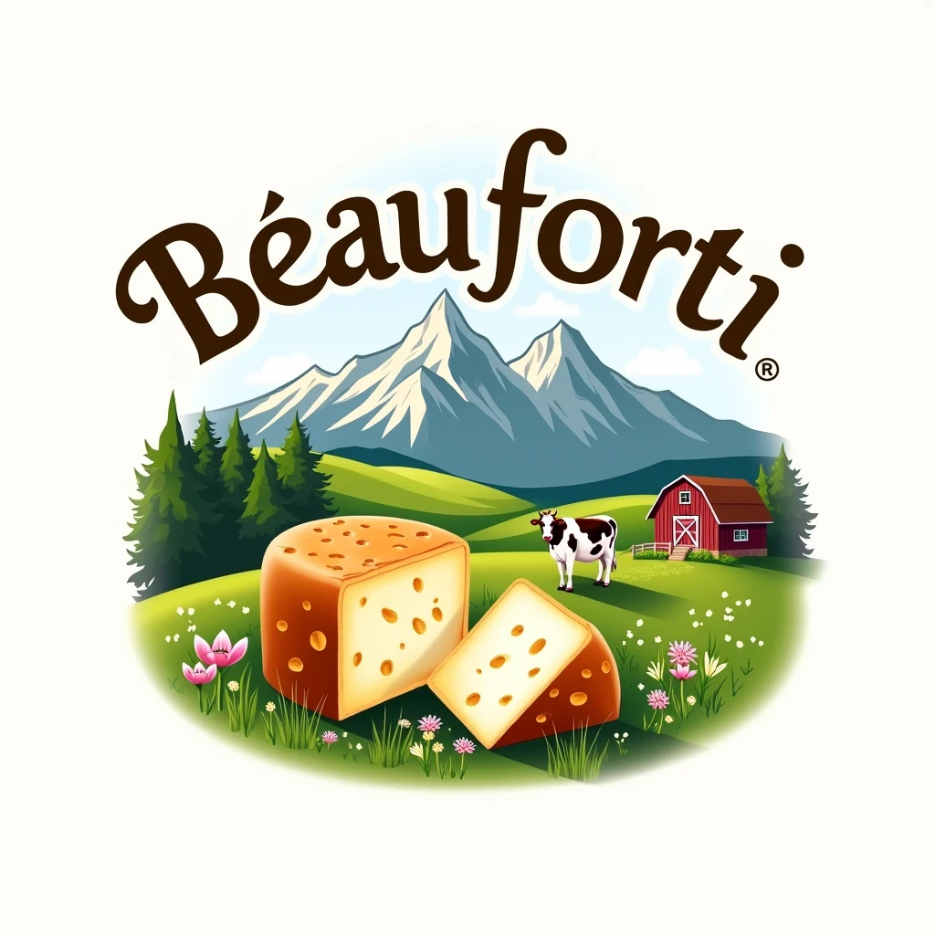 Create a logo for a company specializing in the sale of Beaufort cheese from Savoie. The logo should capture the essence of the Alpine region, with elements such as snow-capped mountains, green pastures, and a traditional cheese wheel. Incorporate warm, earthy colors like deep greens, browns, and gold to evoke the natural environment. The text should include the company name with a rustic, yet elegant font that suggests heritage and quality. Add subtle details, like a cow or dairy barn, to emphasize the artisanal nature of the product