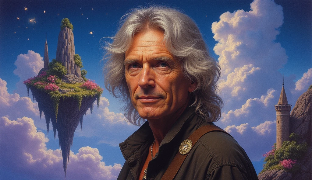 A portrait of Jon Anderson, with a background with a painting by Roger Dean with floating islands