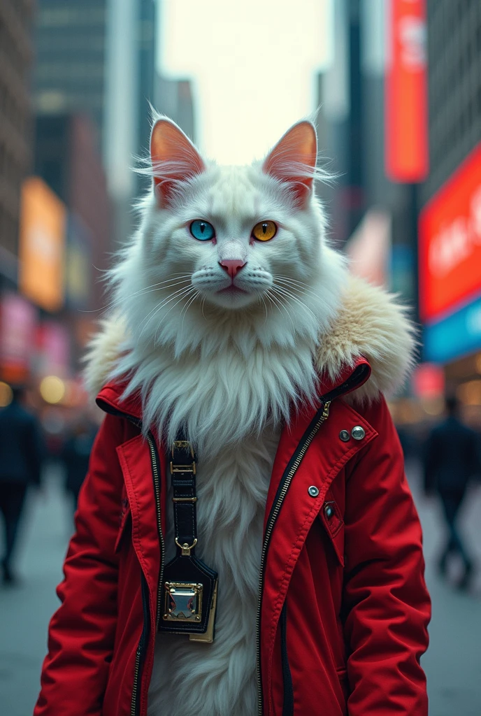 Generates a hyperrealistic image of a white Manie Coon cat which has 2 yellow spots on its forehead and has one light blue eye and the other yellow eye., He also has brand name clothes "Joic" the latest rock fashion because he is being photographed as a model, so it simulates a model pose. The place is New York street