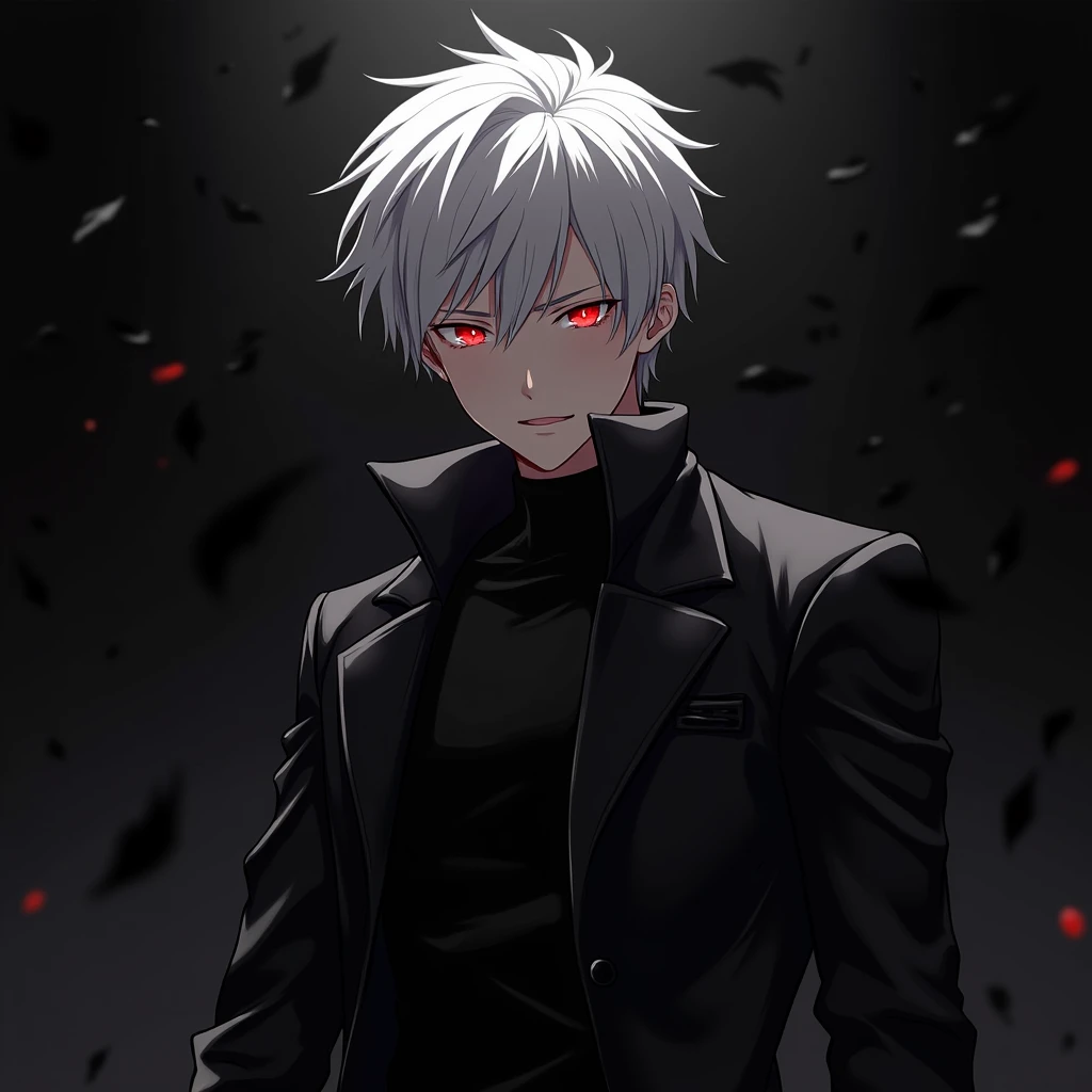 (absurdres, highres, ultra detailed),(Masterpiece, best quality:1.2),Anime boy with white hair and red eyes staring at the camera, glowing red eyes,slim, wearing a black outfit,shadow body,dark, monochrome, wallpaper,