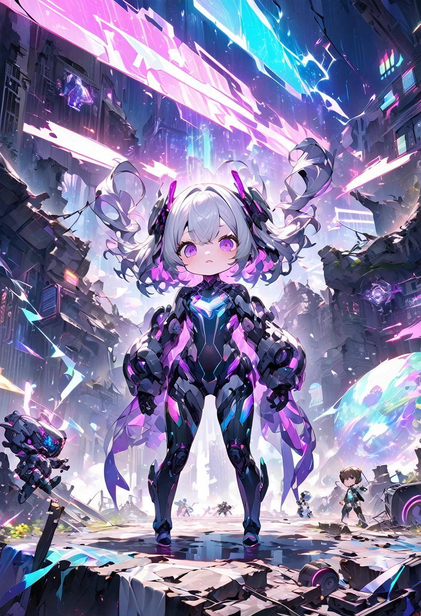cute anime chibi characters, motivated and energetic poses, (attractive and seductive) and (amorous and lewd) expression, great body proportion, wearing cyber machine suit with neon lines, background tornado, iridescent lightning, ruins, analyzer, lab, conceptual installation art, (ultra detailed, absolutely resolution, best quality:1.3), 2.5D, delicate and dynamic effects, artistic, hyper, graphic CG digital art