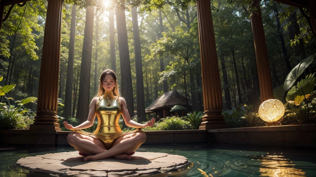 woman meditating in lotus position next to a golden Goddess, magical environment, magical nature