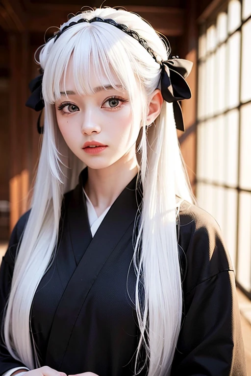((best quality)), ((masterpiece)), (detailed), Black kimono.white hair.test.female.long hair.Hime cut.pretty girl