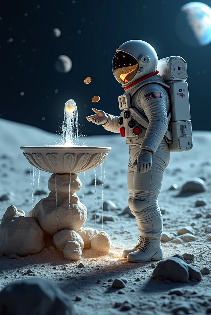 An astronaut stands next to a magical fountain emitting water on the Moon, tossing a coin and watching it slowly fall into the sparkling water.