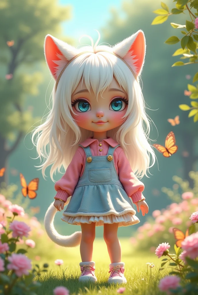Young girl with white hair and cat ears, blue eyes, long hair and flirty clothes