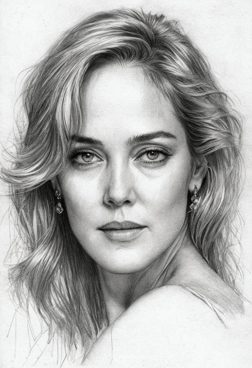 A delicate, graphite sketch portrays, a beautiful Sharon Stone, without back ground, her features rendered in subtle shading and precise lines. The framing is tight, focusing attention on the subject's serene face. Soft, feathery strokes convey the gentle texture of her hair,