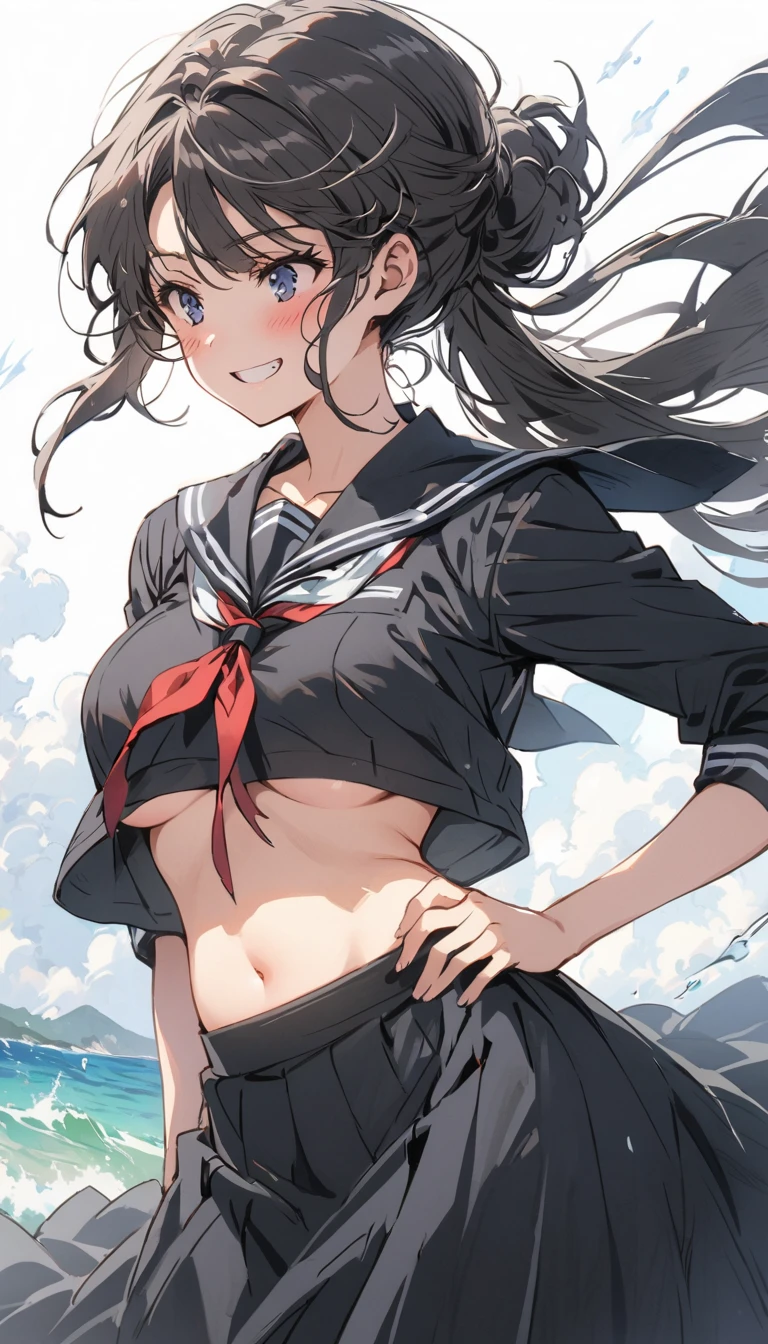 beauty　Old-fashioned smile　blush　Embarrassing　Black Hair　Brush your hair up　Black Sailor Suit　Long skirt　tits　Underboob　Areola　belly button　Hands on hips　Strong winds