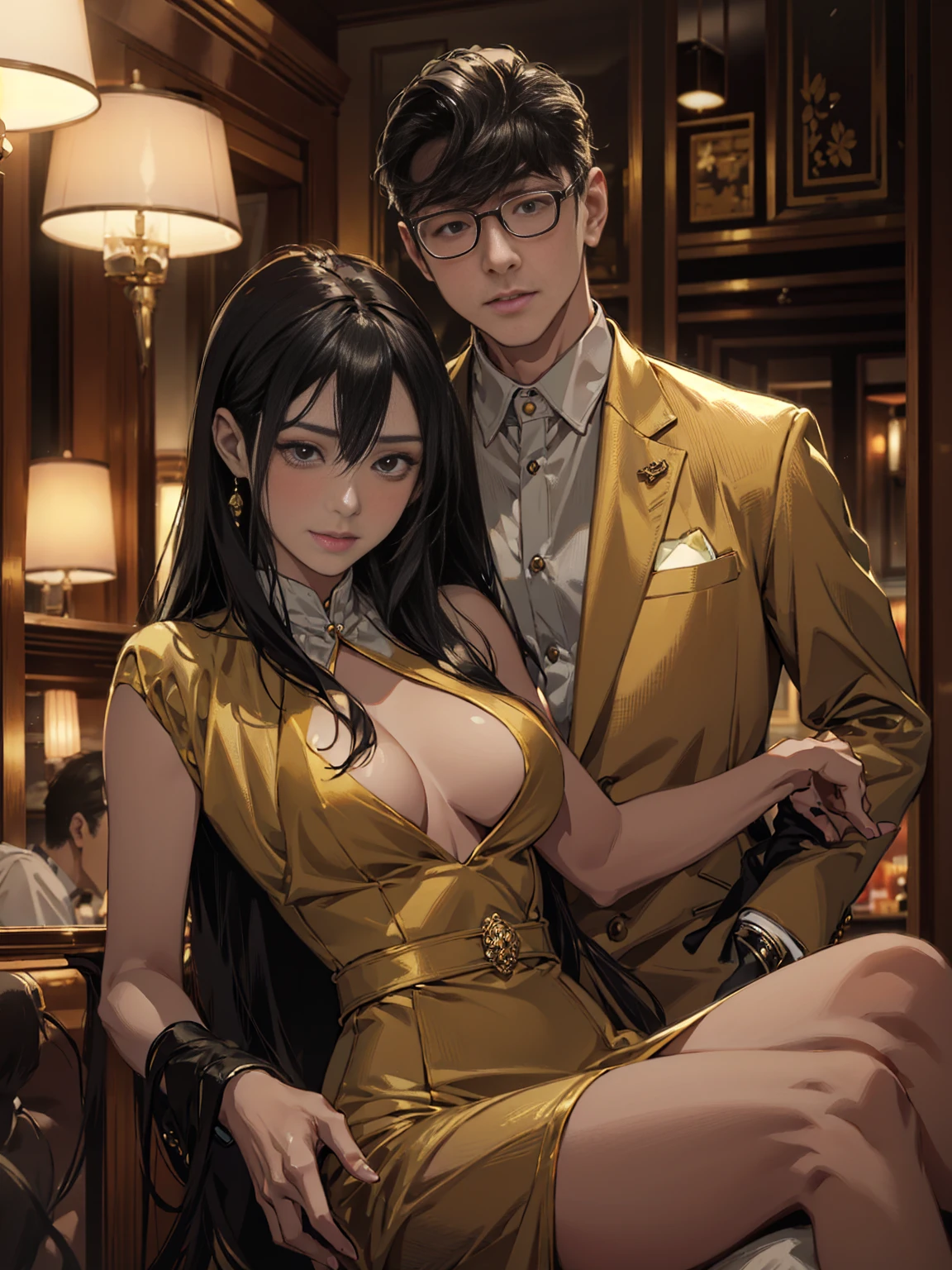 "(nsfw), In an exclusive lounge, dimly lit with soft jazz playing, a man name Masaki Tanaka, age 58, a well-respected business tycoon, in a tête-à-tête with a beautiful hostess, age 22, plush velvet upholstery and mahogany setting, in a photorealistic image, cinematic style, Masaki in a perfectly tailored suit, relaxed yet commanding posture, arm around the hostess's slender waist, sharp eyes reflecting golden light, sharing a private joke, hostess in a figure-hugging dress, leaning into Masaki, atmosphere electrifying with charisma, clink of glasses, shared laughter, mutual attraction, intimate yet public setting, 50mm lens, warm and intimate lighting, high resolution 8K, capturing the essence of sophisticated flirtation and elite lifestyle (cinematic style:1.4), (sophisticated flirtation:1.3), (elite lifestyle:1.2)"