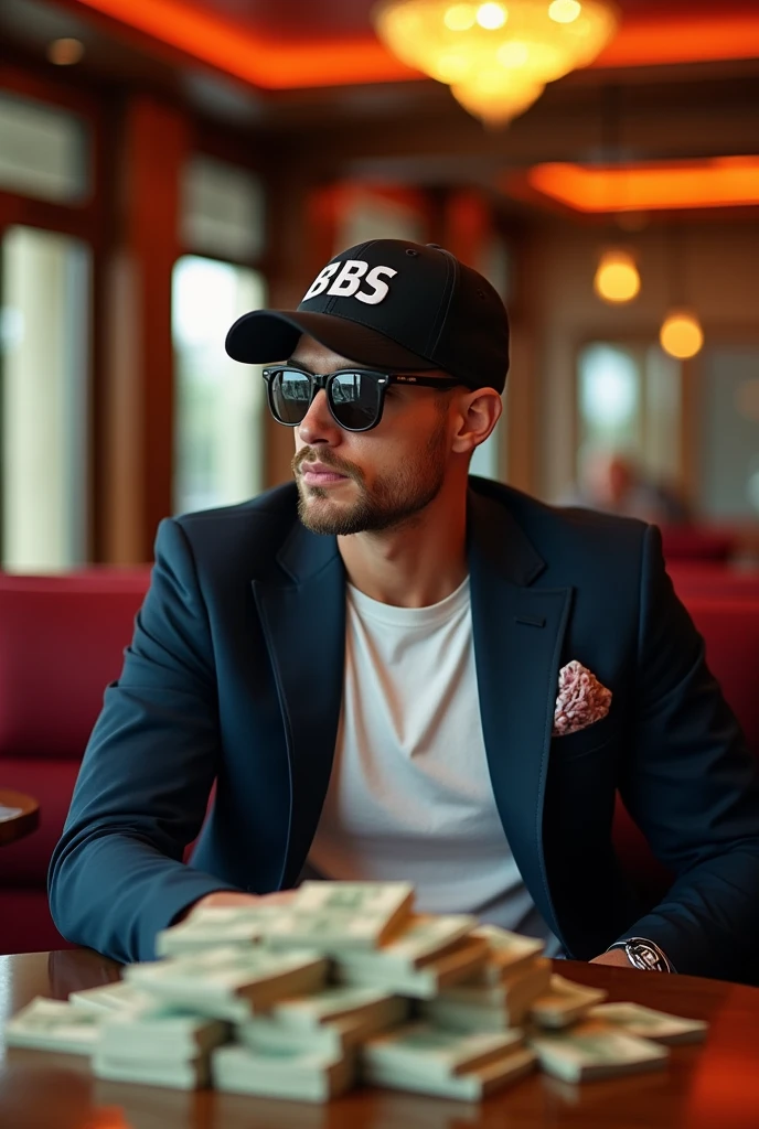 Man sitting at table, wearing a slim sports suit with sunglasses looking to the side,age between 30 and 35 years,wearing a cap with BBS written on it,on the table a mountain of money